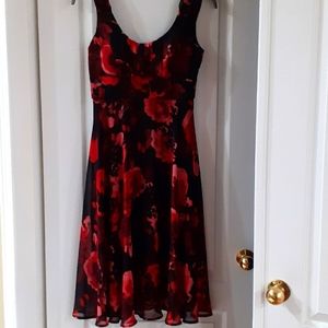 A-Line Dress with Red Rose Print